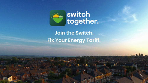 A landscape image of houses in the distance as the sun is setting with the switch together logo at the top centre, and writing below reading 'Join the switch. Fix your energy tariff.'