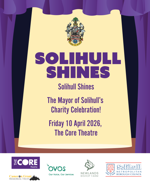 A graphic of a stage with a purple stage curtain, with a large spotlight shining down, with writing over the top of it saying 'Solihull Shines, The Mayor of Solihull's Charity Celebration, Friday 10 April 2026, The Core Theatre