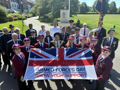 The Mayor of Solihull, Cllr Sardul Marwa, with local dignitaries, members of the public, and pupils from Kingswood School.
