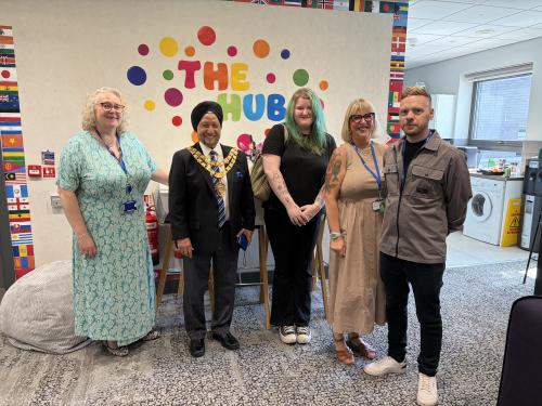 Names of people in photo (left to right): Yvonne Obaidy (Operations Manager, Children’s Improvement and Standards), the Mayor of Solihull, Councillor Sardul Singh Marwa MBE JP, Eve Carter (care-experienced young person), Selina Rawicz (Head of Service, Corporate Parenting), Jamie Owen (Operations Manager, Corporate Parenting)