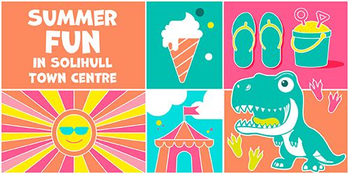 Colourful summer graphic featuring ice-cream, flip flops, the sun, bucket and spade along with the text 'summer fun in Solihull town centre'